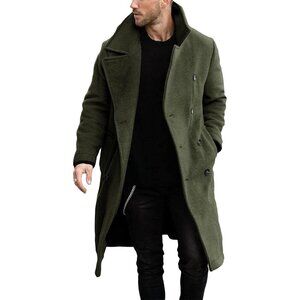 Mens Army Green Double Breasted Casual Lapel Collar Business Winter Trench Coat